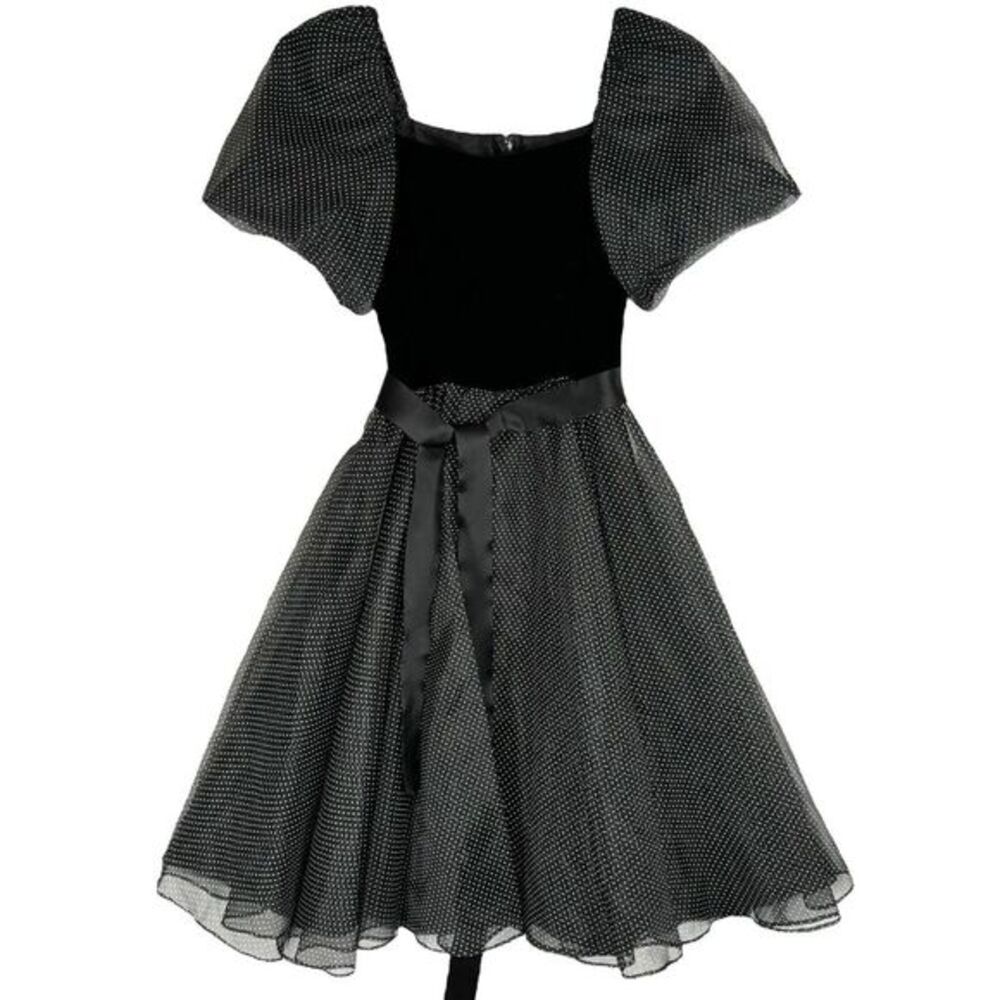 80s Velvet Tulle Polka Dot Dress Size 5 Puff Sleeves Milkmaid Whimsigoth Vintage